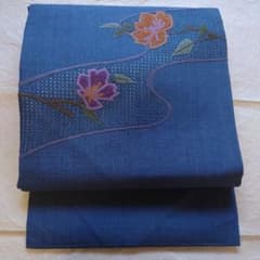 名古屋帯 青 花柄刺繍のサムネイル