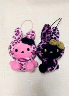 レア】ハローキティ ブラック ピンク ヒョウ柄 ウサギ ストラップ 2012