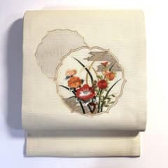 6k524 名古屋帯 絹 夏帯 夏物 絽 金駒 蘇州 刺繍 ベージュ 金色 赤 