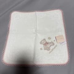 テディベア刺繍 ハンカチ ホワイトピンクのサムネイル