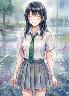 1997水彩画風アートポスター雨の中で笑う制服美少女ポスター