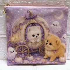 フラットポーチ ハンドメイド 犬柄 ハロウィン ポメラニアン 両面