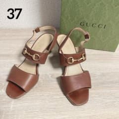 GUCCI ホースビット レザー バックストラップサンダル ヒール 茶色 37