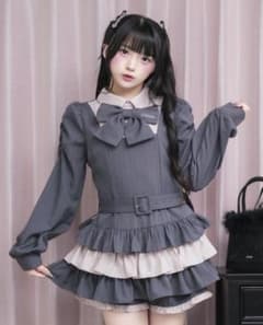 pium リボンタイ付きバイカラーティアードセットアップ グレー×ピンクのサムネイル