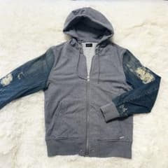 DIESELディーゼル/スウェットジップダメージ加工デニムパーカー /M