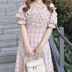 即購入可能》An MILLE ネッククロスチェックフレアワンピース レッド