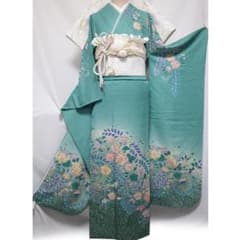 良好】 振袖7点セット170cm◇フルセット□正絹辻が花柄部分絞り青磁