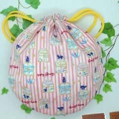 ストライプ猫柄 給食袋 コップ袋 巾着袋のサムネイル