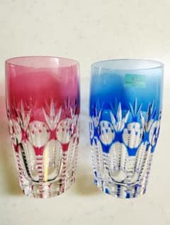 新品未使用、Hoyaクリスタル、色被せ切子グラス、二個セット、本物保証