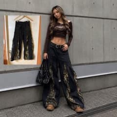 ブラックデニムパンツ ジップ切り替え リアルツリー ギャルのサムネイル