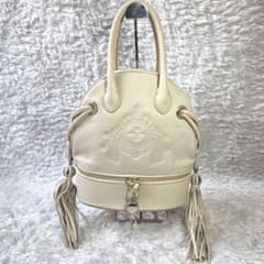 Lancel embossed logo leather satchel, 2-compartment zip, tassel, with padlock.