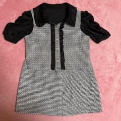 千鳥格子柄 セットアップ　半袖ブラウス フリル付き M レースのサムネイル