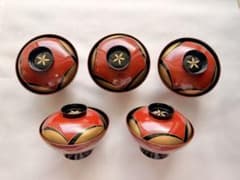 漆器 吸物椀 5客セット 赤×金 蓋付き 煮物椀 お正月 伝統工芸のサムネイル