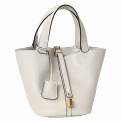 アイボリー 高級本革 キャンバス トリヨン バケツ キューブバッグ PM 本革☆ピコタン似ハンドバッグ ホワイト アイボリー キューブバッグ