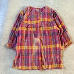【90's vintage】インド綿チェック柄 ノーカラー ブラウス チュニックのサムネイル