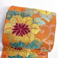 名古屋帯　鳥　花模様　リーフ模様　更紗模様　金糸　着物　113tz 開き名古屋帯 セミアンティーク 綴れ織 リーフ模様 金糸 着物 052tz