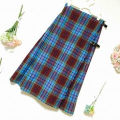 ヴィンテージ スカート 巻きスカート プリーツ チェック 美品 レア ブルー 青のサムネイル
