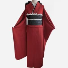良好】□成人式振袖7点セット157cm□赤レッド系モード無地正絹前撮り