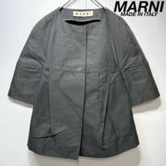 希少 上質 タック Aライン デザイン ノーカラー 半袖ジャケット 38