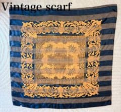 Vintage scarf 大判 バロック柄 ゴールド ネイビー レトロのサムネイル