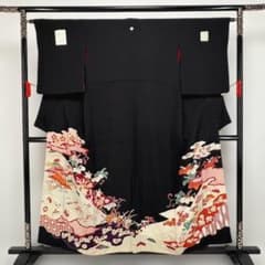 ゆりのはな アンティーク 黒留袖 両褄 駒刺繍 花柄 大正ロマン 正絹