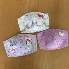 ハンドメイドマスク幼児〜低学年 リボン付き3枚セット ねこ 水玉 星