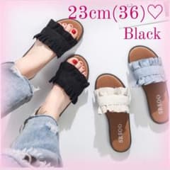 トレンド♡フリルサンダル　フラット 黒 36(23cm)のサムネイル