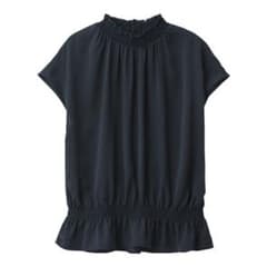 GU ジーユー　ネイビー　サテン　フリルネックブラウス　半袖のサムネイル
