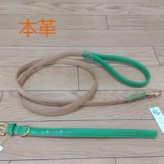 [本革]  ペット首輪&リードセットグリーン&ベージュのサムネイル