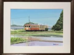 水彩画「春の水田とローカル鉄道」のサムネイル