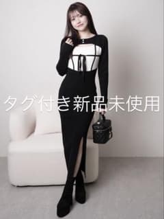 lip serviceデコルテオープンバイカラーリボンニットワンピース M 黒