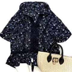 美品 レリアン 総柄 ブラウス シャツ 13+ 大きいサイズ 紺 レース 花柄