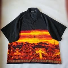 Y2K 00s ノーバウンダリーズ ファイヤーパターンシャツ 寺院 龍 3XL