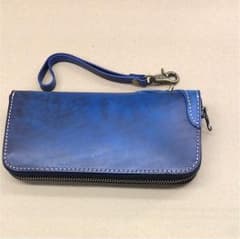 天然レザー手縫い 長財布 ブルー ハンドメイドのサムネイル