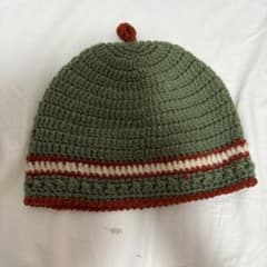 ハンドメイド ニット帽 カーキ×レッド×ホワイトのサムネイル
