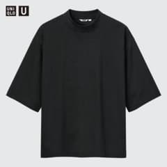 UNIQLO エアリズムコットンオーバーサイズモックネックT（5分袖）ブラックのサムネイル