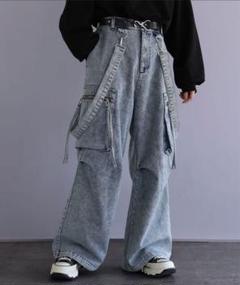 LILLルーズシルエットハイウエストサスペンダーZIPポケットデニムカーゴパンツ ルーズシルエットハイウエストサスペンダーZIPポケットデニム