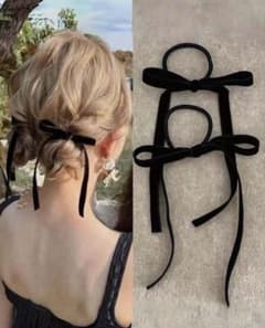 ベロア素材 リボン ヘアゴム 2個セット ブラックのサムネイル