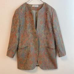 M）ヴィンテージ ノーカラー ジャケット 羽織り 総柄 シルク混