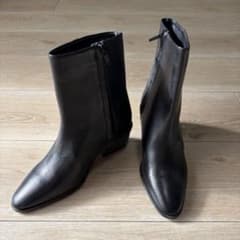 ZARA ブロック ヒール レザー ショート ブーツ 黒 36 サイドジップ