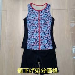 ラン型フィットネス水着・オールインワン9号M・花柄ブルー赤のサムネイル