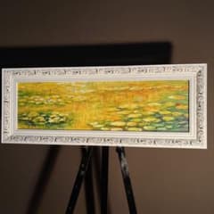 手書き油絵 クロード・モネ 睡蓮の池 黄金色 額付き インテリア 油彩画