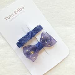 ヘアクリップ ベビー　赤ちゃん　ヘアピン　ネイビー×チュールリボン(ネイビー)のサムネイル