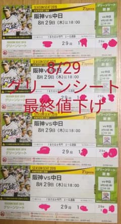 【テソミ様専用】8月29日☆阪神 vs 中日☆連番4枚☆グリーンシートのサムネイル