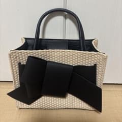 美品 FLAY I.D ミックスマテリアルリボンミドルバッグ かごバッグ 