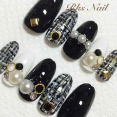 M/艶ジェル♡ツィード柄 モノトーン 白黒 ビジュー ネイル 付け爪 パールのサムネイル