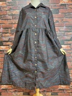 め0131着物リメイク正絹大島紬前開き切替えギャザーコートワンピース