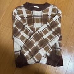 チェック柄ニットセーター 長袖 ブラウン系のサムネイル