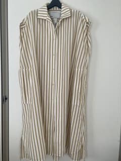 美品 ティッカ リネンコットンストライプノースリーブ シャツワンピース ベージュ TICCA ティッカ リネンコットンストライプノースリーブ シャツ