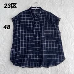 23区 大きいサイズ48 シアーフレンチスリーブチェックシャツ リネン混 